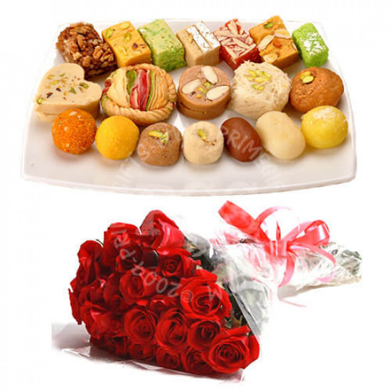 Mix Mithai 2Kg and 24 Red Roses Mix Mithai 2Kg and 24 Red Roses
