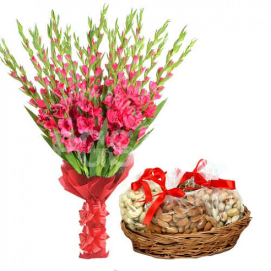 1 Kg Dry fruits and 12 Pink Gladiolus 1 Kg Dry fruits and 12 Pink Gladiolus