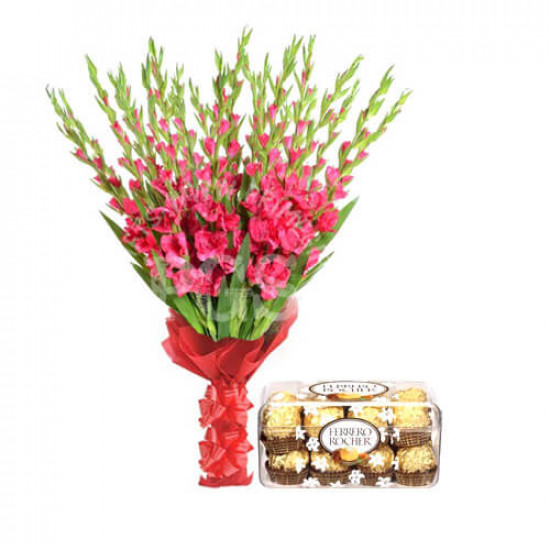 Ferrero Rocher Chocolates and 24 Pink Gladiolus Ferrero Rocher Chocolates and 24 Pink Gladiolus