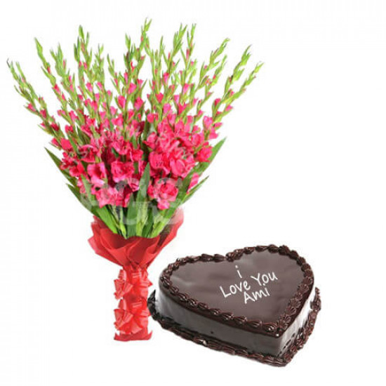 12 Pink Gladiolus Bouquet with Heart Cake 12 Pink Gladiolus Bouquet with Heart Cake