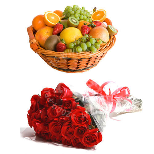 Thoughtful Gesture (Fruit Basket and 24 Red Roses) - anniversary gift to Pakistan
