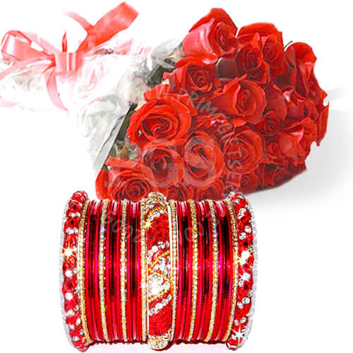 Red Bangles with Red Roses - anniversary gift to Pakistan