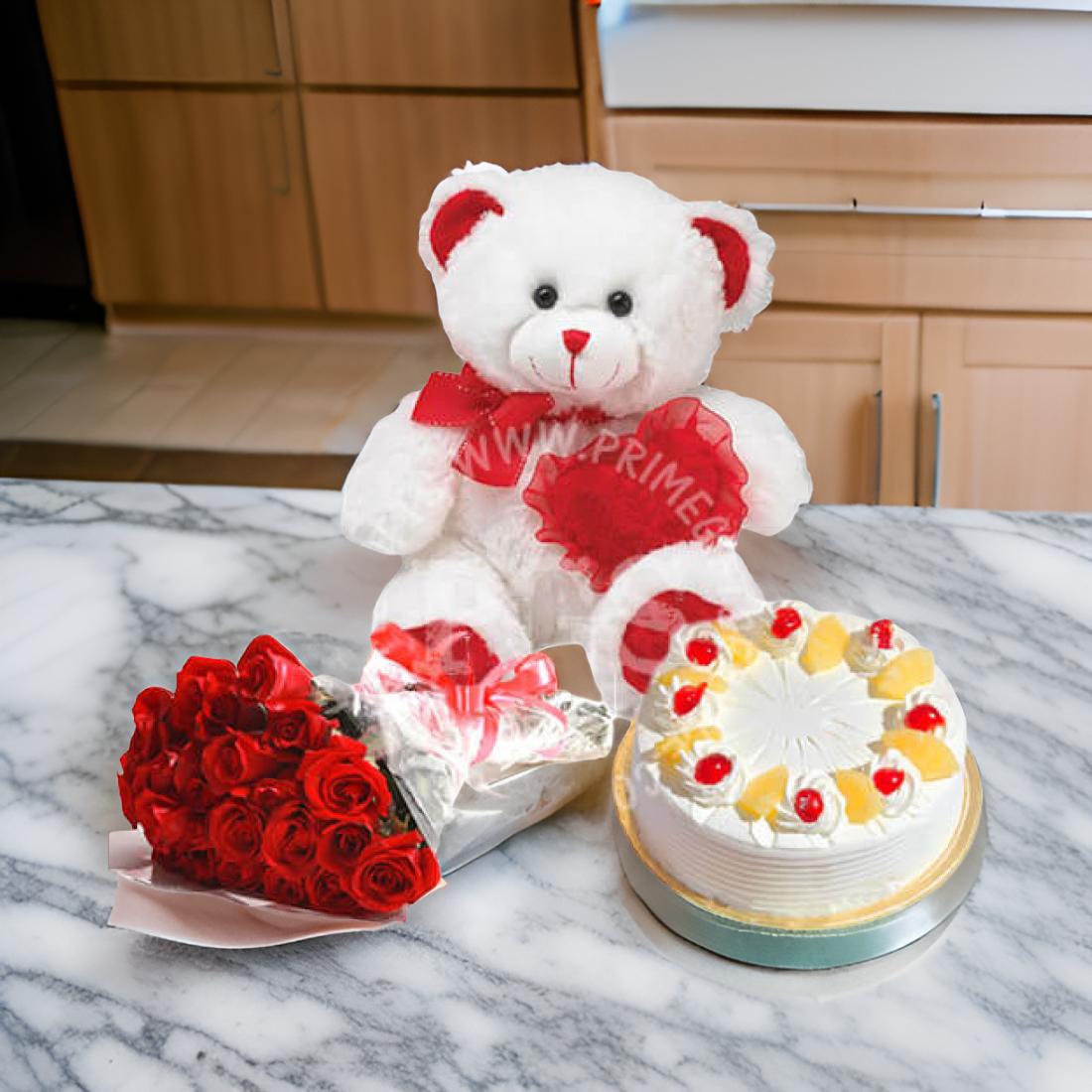 Love Expression (Teddy Bear, Cake and Red Roses) - anniversary gift to Pakistan